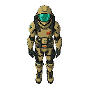 ceifador (top-down view): humanoide em traje espacial de exploração, futurista e modular, estilo "worker-tech" ou "industrial sci-fi". design robusto, com equipamentos acoplados ao traje. mãos vazias. estética geral de monitor crt, verde-escura, com linha