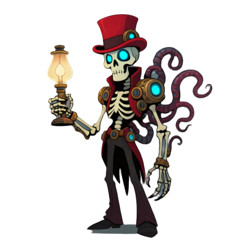 steampunk horror creature with red top-hat, glowing blue eyes, skeletal lamp-bearing arm, mechanical shoulders, writhing tendrils, night-marish elegance, 