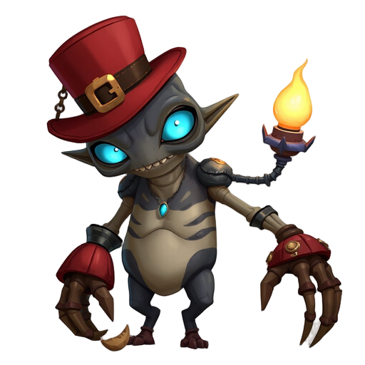 steampunk horror creature with red top-hat, glowing blue eyes, skeletal lamp-bearing arm, mechanical shoulders, writhing tendrils, night-marish elegance, 