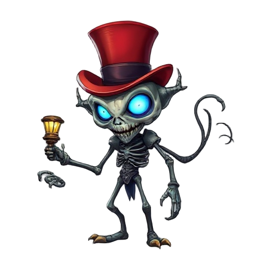 steampunk horror creature with red top-hat, glowing blue eyes, skeletal lamp-bearing arm, mechanical shoulders, writhing tendrils, night-marish elegance, 