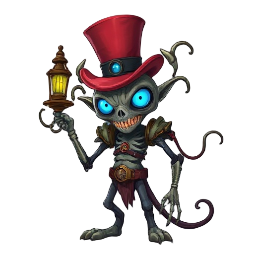 steampunk horror creature with red top-hat, glowing blue eyes, skeletal lamp-bearing arm, mechanical shoulders, writhing tendrils, night-marish elegance