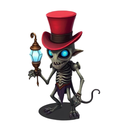 steampunk horror creature with red top-hat, glowing blue eyes, skeletal lamp-bearing arm, mechanical shoulders, writhing tendrils, night-marish elegance, 