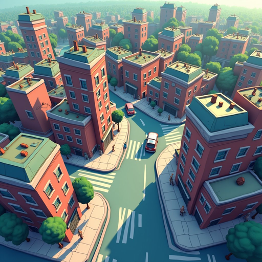 top-down image of a city with streets and buildings. don't do isometric images, only top-down look.
