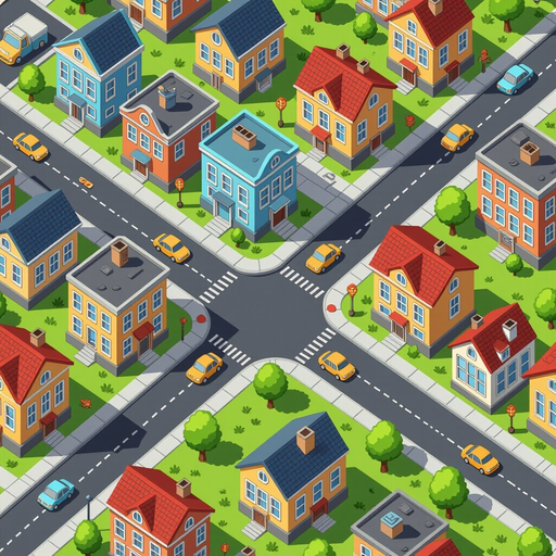 top-down image of a city with streets and buildings