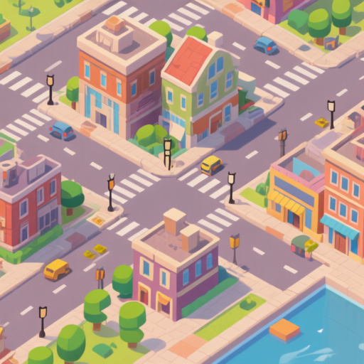 top-down image of a city with streets and buildings. don't do isometric images, only top-down look.