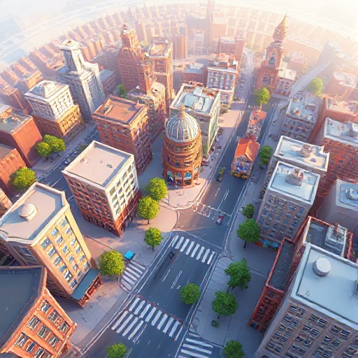 top-down image of a city with streets and buildings