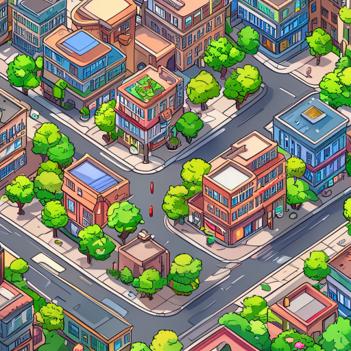 top-down image of a city with streets and buildings. don't do isometric images, only top-down look.