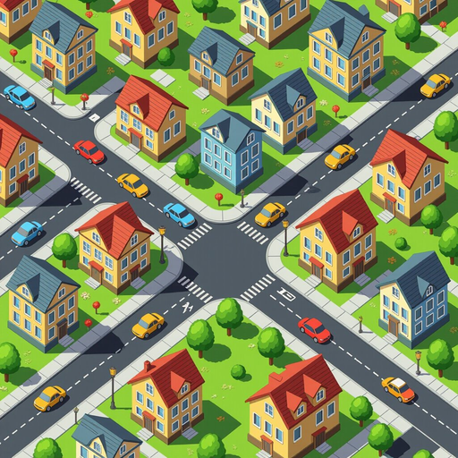top-down image of a city with streets and buildings. don't do isometric images, only top-down look.