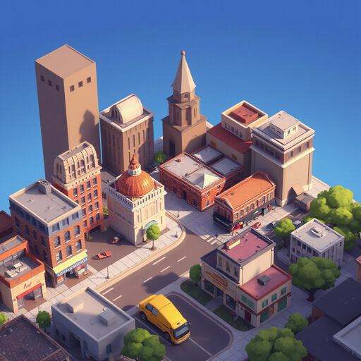 top-down image of a city with streets and buildings. don't do isometric images, only top-down look.
