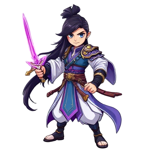 “a fantasy martial-arts warrior with long flowing dark hair, wearing elegant blue-white and purple robes with ornate armor pieces. he wields a glowing magical sword with a purple aura. style: asian fantasy, heroic, dynamic, clean line-art and vibrant colo