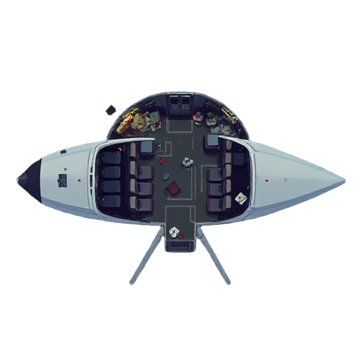 8bit, top-down orthogonal view of an airplane interior mid-crash, 2d tilemap style, seats and aisles visible, some debris floating, chaotic but readable layout, muted colors, dramatic lighting, pixel-art inspired or game map aesthetic.