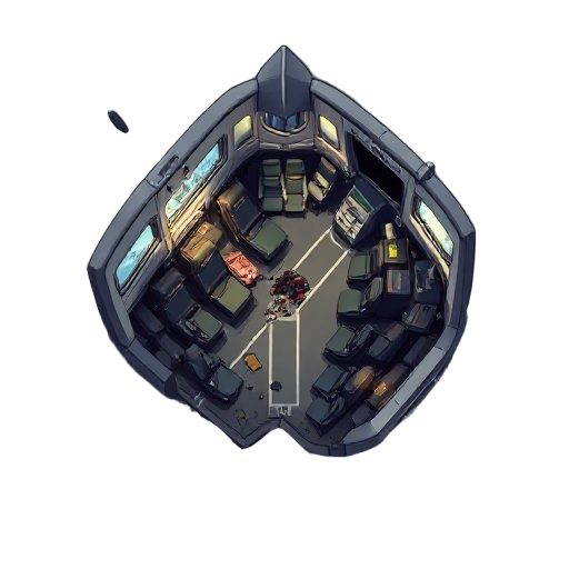 top-down orthogonal view of an airplane interior mid-crash, 2d tilemap style, seats and aisles visible, some debris floating, chaotic but readable layout, muted colors, dramatic lighting, pixel-art inspired or game map aesthetic.