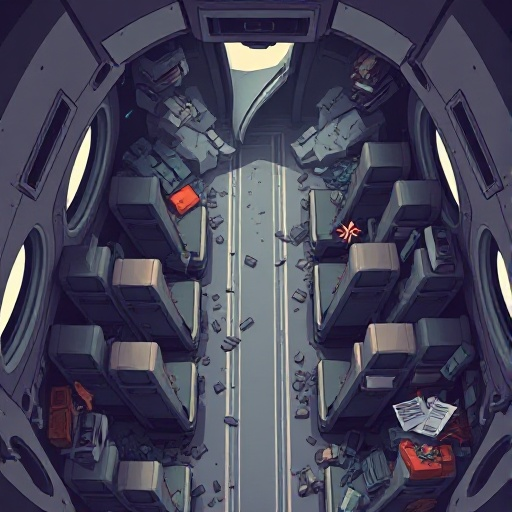 top-down orthogonal view of an airplane interior in mid-crash, 2d tilemap style, seats and aisles visible, some debris floating, chaotic but readable layout, muted colors, dramatic lighting, pixel-art inspired or game map aesthetic.