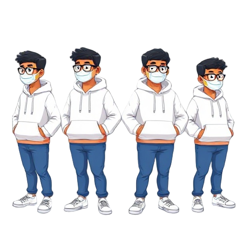  light brown skin, medium overweight (slightly chubby) body type, black hair, glasses, and face mask.  outfit: white hoodie with kangaroo pocket, blue pants, white sneakers.  retro game style, clean pixel outlines, limited palette.   arrange all 8 frames 