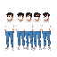  light brown skin, medium overweight (slightly chubby) body type, black hair, glasses, and face mask.  outfit: white hoodie with kangaroo pocket, blue pants, white sneakers.  retro game style, clean pixel outlines, limited palette.   arrange all 8 frames 