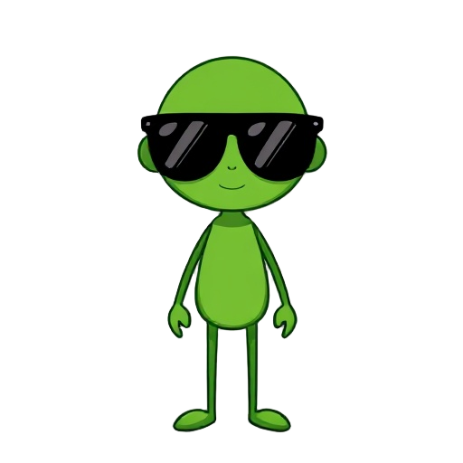 green stickman with black sunglasses, no mount, no nose, no eyes, no face, the stickman has a simple style like a early internet stickmans,
