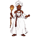 capcom street fighter 3rd strike style, white background, distinct black outlines, vibrant colors; the char is a large joyful afro-brazilian lady chef, wearing a massive traditional white dress with wide skirts (baiana), a white turban, colorful bead neck