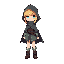 blonde fantasy character with blue eyes, cute style, wearing a cape with a hood and boots, 40x40 pixels max, less muted colors, add some color to the outfit, she is not having the hood up