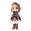 blonde fantasy character with blue eyes, cute style, wearing a cape with a hood and boots, 40x40 pixels max, less muted colors, add some color to the outfit, she is not having the hood up