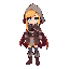 blonde fantasy character with blue eyes, pixel game character, wearing a cape with a hood and boots, 40x40 pixels max, less muted colors, add some color to the outfit, she is not having the hood up