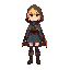 blonde fantasy character with blue eyes, pixel game character, wearing a cape with a hood and boots, 40x40 pixels max, less muted colors, add some color to the outfit, she is not having the hood up