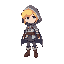 blonde fantasy character with blue eyes, cute style, wearing a cape with a hood and boots