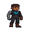 um guerreiro pixelizado de pele morena com cabelo castanho. veste um traje preto com um emblema v azul brilhante no peito. seu braço esquerdo é cibernético, de metal cinza. usa botas e luvas marrons. a pose é estática.