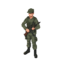 a man in standing stance soldier in uniform holding rifle profile look