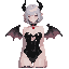 anime succubus girl with short silver hair, black horns, glossy latex bodysuit with heart opening, small demon wings, choker with red gem, seductive pose, soft glow, high-detail fantasy style