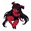 anime succubus girl sitting, teasing smile, dark red skin, long black hair, curved horns, glowing eyes, small fangs, black bodysuit with gothic text, subtle highlights, soft lighting, fantasy style