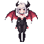 anime succubus girl with short silver hair, black horns, glossy latex bodysuit with heart opening, small demon wings, full body, choker with red gem, seductive pose, soft glow, high-detail fantasy style