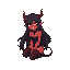 anime succubus girl sitting, teasing smile, red skin, long black hair, horns, glowing eyes, fangs, black bodysuit, soft lighting, fantasy style