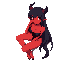 anime succubus girl sitting, teasing smile, red skin, long black hair, horns, glowing eyes, fangs, black bodysuit, soft lighting, fantasy style