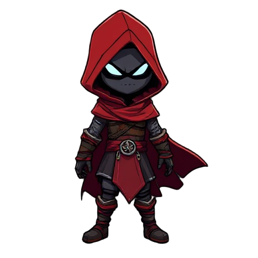 a assassin like warrior with red hoodie and cloak, dark face with glowing eyes and hand and leg wrappings