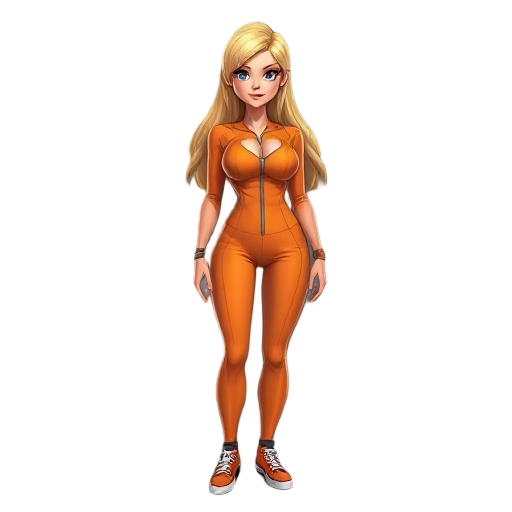 exceptionally busty young woman, with long poofy blonde hair. wearing a skintight orange zip up jumpsuit