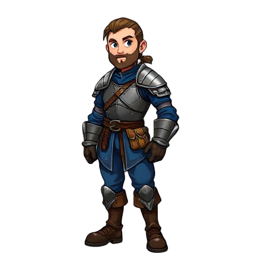 beardless medieval soldier, blue clothing, metal breastplate, leather boots and gloves, metal greaves over boots and pants, brown hair tied in a pony tail, cleave shaven, male, blue eyes, leather belt, small bag on hip, art style similar to chrono trigger