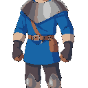 medieval soldier, blue clothing, metal breastplate, leather boots and gloves, metal greaves over boots and pants, brown hair tied in a pony tail, clean shaven, male, blue eyes, leather belt, small bag on hip, art style similar to chrono trigger