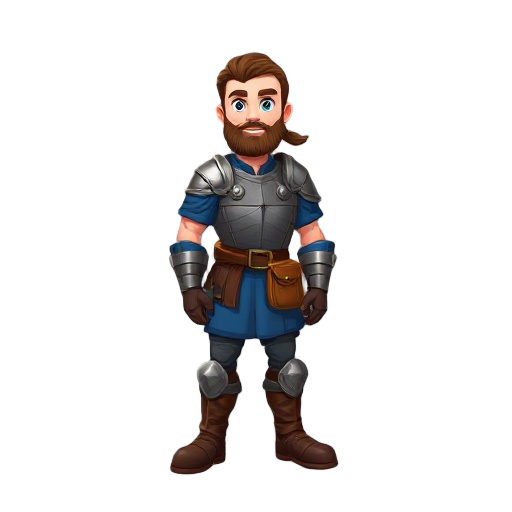 beardless medieval soldier, blue clothing, metal breastplate, leather boots and gloves, metal greaves over boots and pants, brown hair tied in a pony tail, cleave shaven, male, blue eyes, leather belt, small bag on hip..