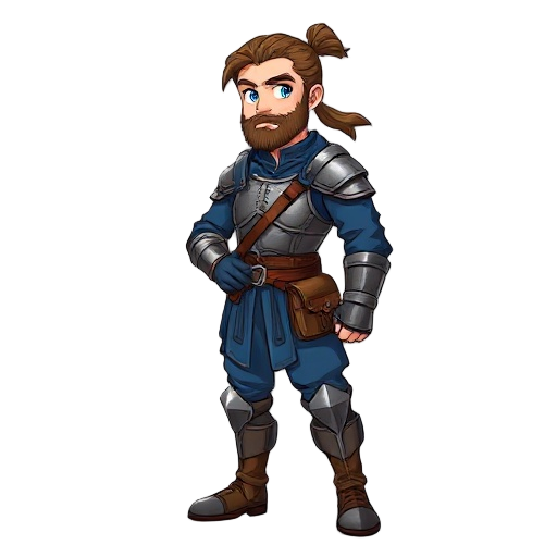 beardless medieval soldier, blue clothing, metal breastplate, leather boots and gloves, metal greaves over boots and pants, brown hair tied in a pony tail, cleave shaven, male, blue eyes, leather belt, small bag on hip, art style similar to chrono trigger