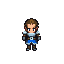 medieval soldier, blue clothing, metal breastplate, leather boots and gloves, metal greaves over boots and pants, brown hair tied in a pony tail, clean shaven, male, blue eyes, leather belt, small bag on hip, art style similar to chrono trigger