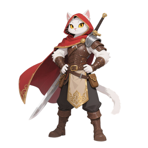 white cat warrior, full body, heroic hands on hips, confident golden eyes, white fur, red hooded cape with trim, brown layered leather armor, beige tabard gold pattern, sword on back, boots, belt pouches, anime detailed 2d, clean bg :: no crop, no blur, n