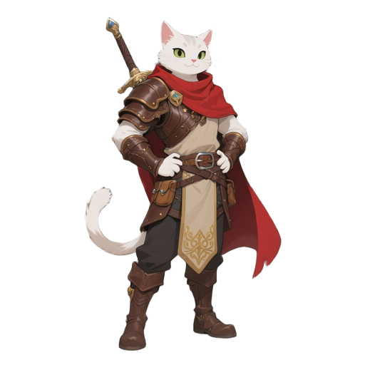 full-body portrait of a white anthropomorphic cat warrior in detailed anime fantasy style, heroic stance, confident expression, standing upright, hands on hips, red hooded cape, layered brown leather armor, beige tabard with gold patterns, sword on back, 