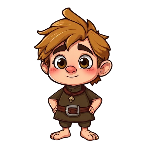 hobbit masculino, cerca de 1,05 m de altura, corpo roliço, rosto redondo e simpático, pele clara com bochechas coradas, olhos castanhos avelã grandes e curiosos, algumas sardas no nariz, cabelo castanho-escuro encaracolado até abaixo das orelhas. grandes 