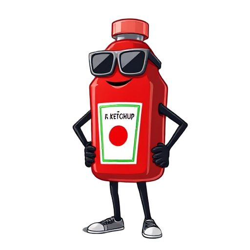 genera un completo con lentes de sol, enojado y que tenga brazos y piernas negros, que sostenga un envase de ketchup como si fuera una escopeta