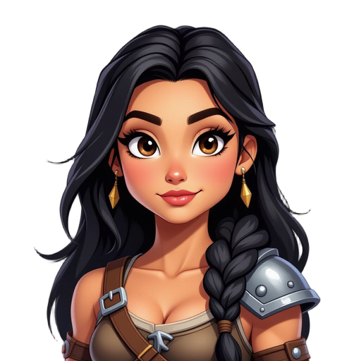 character: barbarian warrior. medium height, muscular and toned build, fair/tanned complexion.  facial features and hair: large, expressive eyes; small, simple nose. her characteristic facial expression is confident and slightly mocking (arrogant appearan