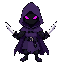 a hooded character with a blacked out face, purple cloak, holding a dagger in each hand, glowing purple eyes