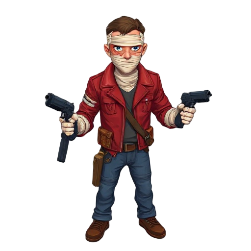 a male character wearing a red leather jacket with sleeves rolled up to the elbows, blue jeans, and a small ammo pouch on his hip. his face is wrapped in bandages up to the eyes like a mummy due to burn injuries. a large scar runs across his face. his han