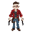 a male character wearing a red leather jacket with sleeves rolled up to the elbows, blue jeans, and a small ammo pouch on his hip. his face is wrapped in bandages up to the eyes like a mummy due to burn injuries. a large scar runs across his face. his han