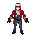 a male character wearing a red leather jacket with sleeves rolled up to the elbows, blue jeans, and a small ammo pouch on his hip. his face is wrapped in bandages up to the eyes like a mummy due to burn injuries. a large scar runs across his face. his han
