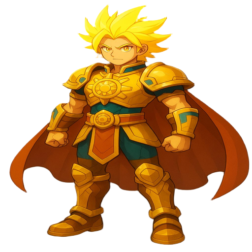 male character, full body, heroic pose, inspired by grand chase style, 2d anime-action look, vibrant colors, soft shading, dynamic light. solkin, the solar guardian, ancient and majestic. glowing golden-yellow hair flowing like sunlight, bright golden eye
